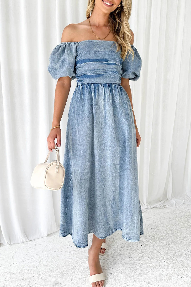 Elegant Solid Fold Off the Shoulder Short Sleeve Denim Dresses - Fashionpara