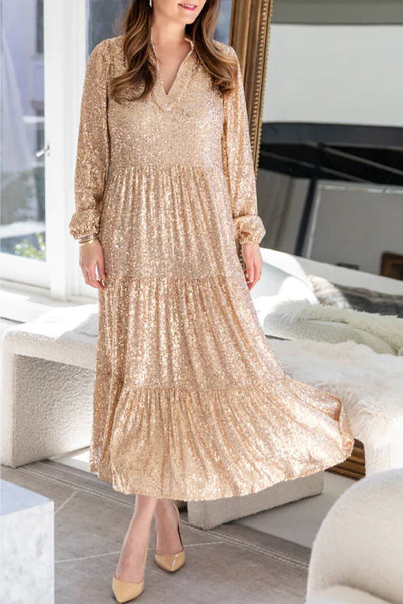 Celebrities Elegant Solid Sequins Sequined V Neck Long Sleeve Dresses - Fashionpara