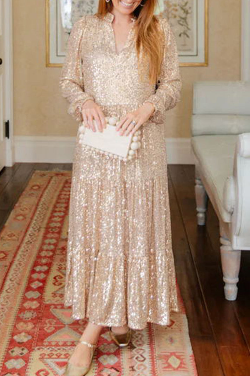 Celebrities Elegant Solid Sequins Sequined V Neck Long Sleeve Dresses - Fashionpara