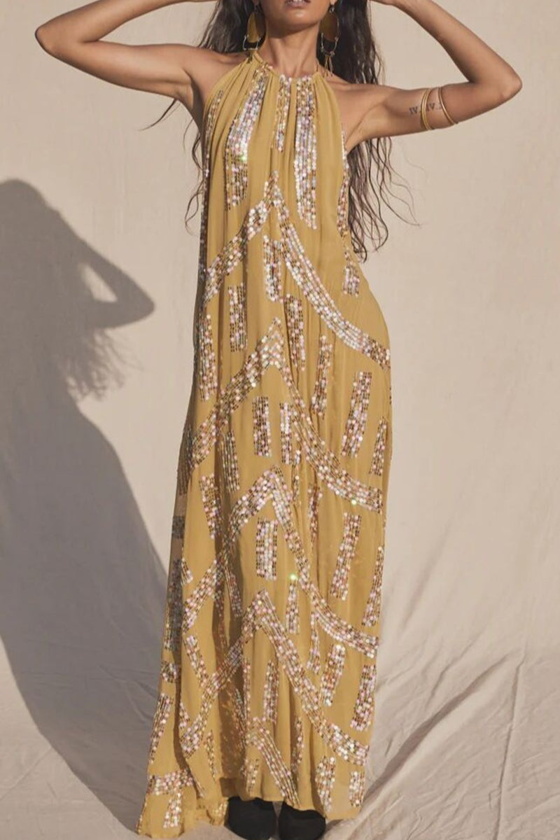 Casual Sweet Sequins Patchwork High Opening Halter Long Dress Dresses - Fashionpara