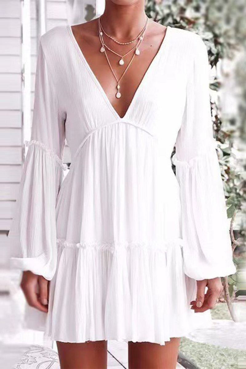 Sexy Simplicity Solid Patchwork V Neck A Line Dresses - Fashionpara