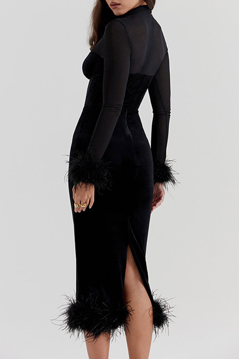 Celebrities Elegant Solid Feathers Turtleneck Waist Skirt Dresses - Fashionpara