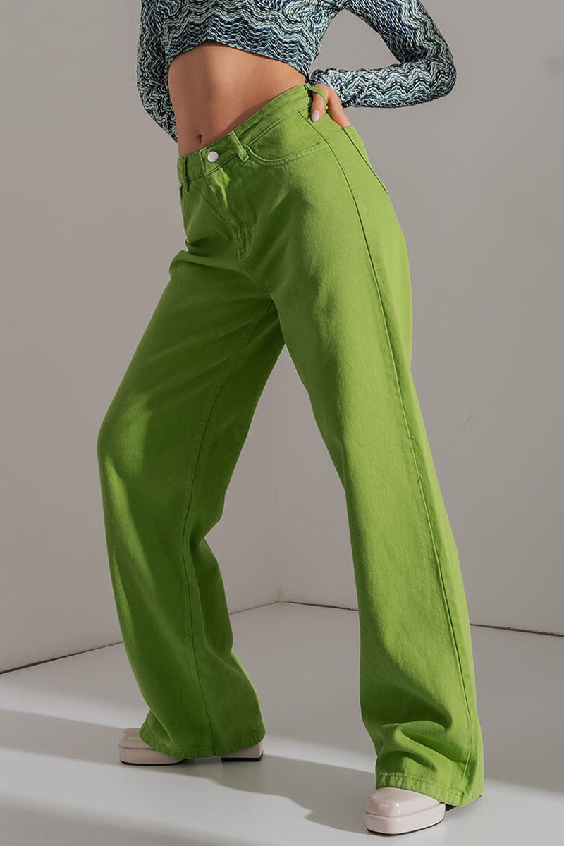 Casual Simplicity Solid Pocket Mid Waist Denim Jeans - Fashionpara