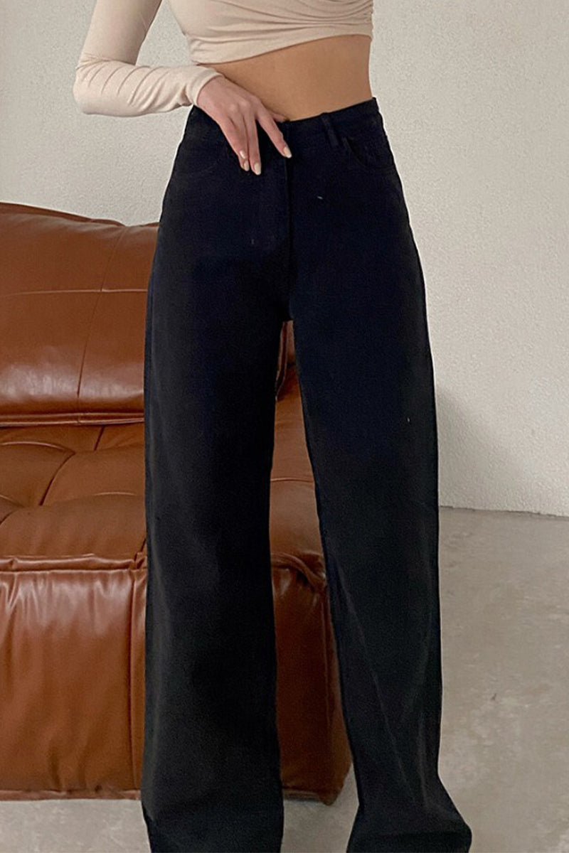 Casual Simplicity Solid Pocket Mid Waist Denim Jeans - Fashionpara