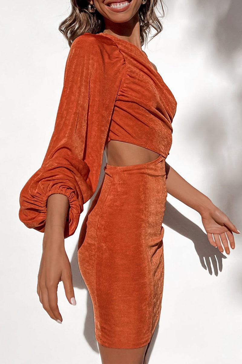 Sexy Solid Hollowed Out Oblique Collar Wrapped Skirt Dresses - Fashionpara