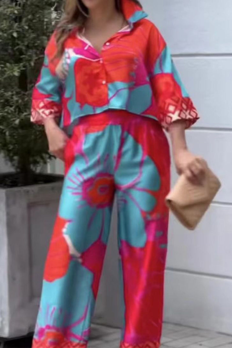 Elegant Floral Pocket Turndown Collar Long Sleeve Two Pieces - Fashionpara