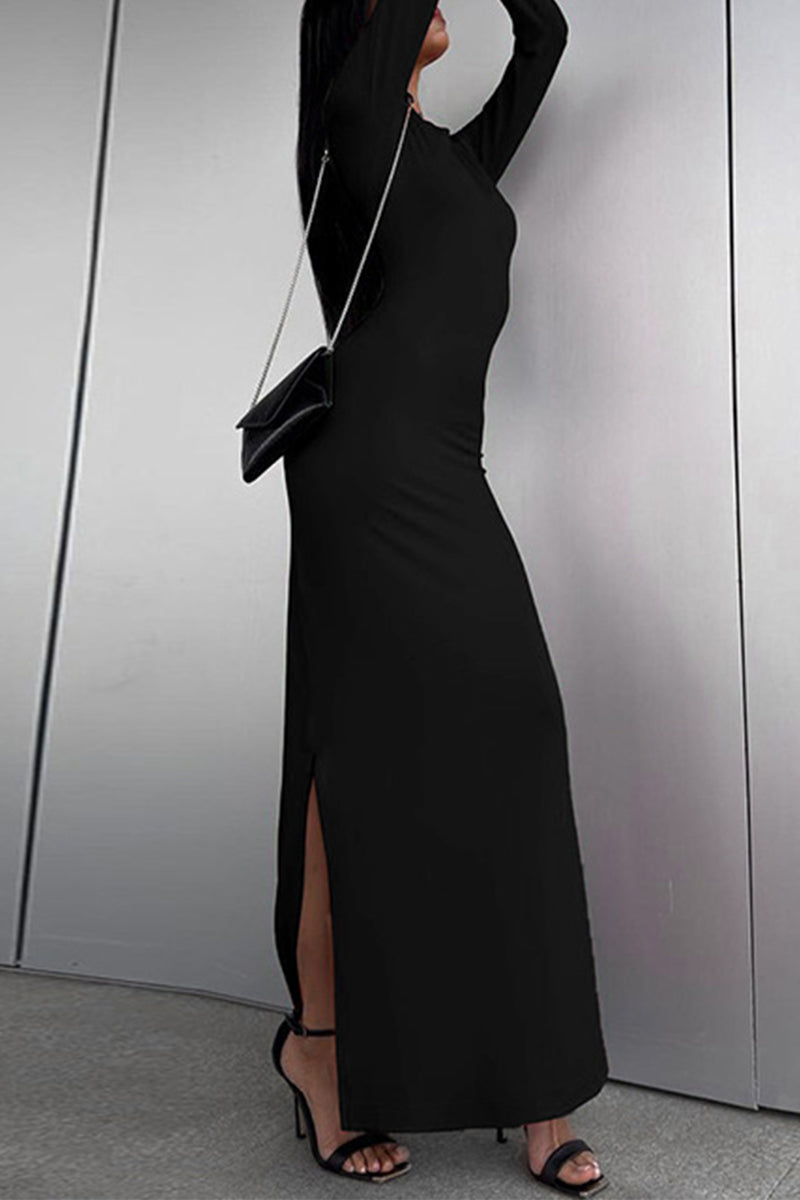 Celebrities Elegant Solid Slit O Neck Long Sleeve Dresses - Fashionpara