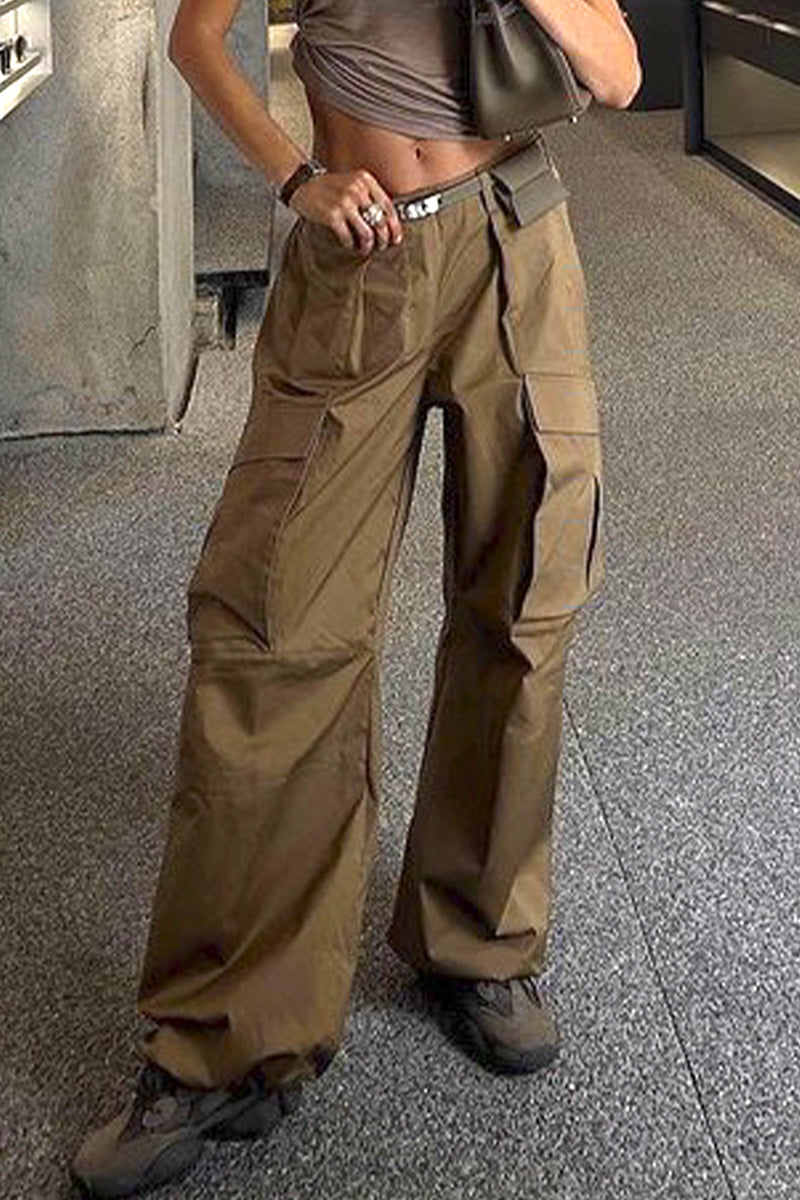 Casual Vintage Solid Pocket Loose Low Waist Wide Leg Solid Color Bottoms - Fashionpara