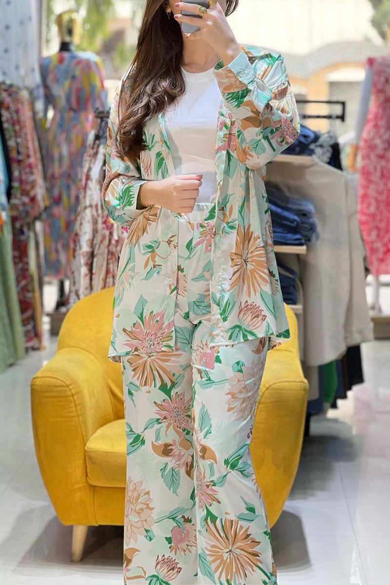 Casual Sweet Floral Pocket Buttons Turndown Collar Long Sleeve Two Pieces - Fashionpara