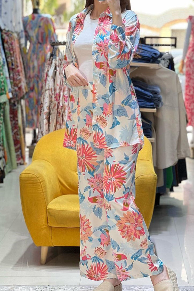 Casual Sweet Floral Pocket Buttons Turndown Collar Long Sleeve Two Pieces - Fashionpara