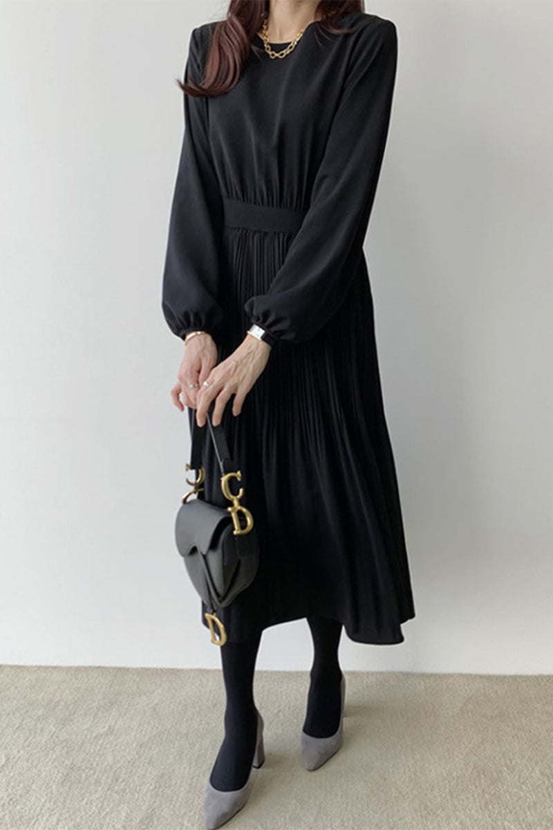 Elegant Solid Fold O Neck A Line Dresses - Fashionpara