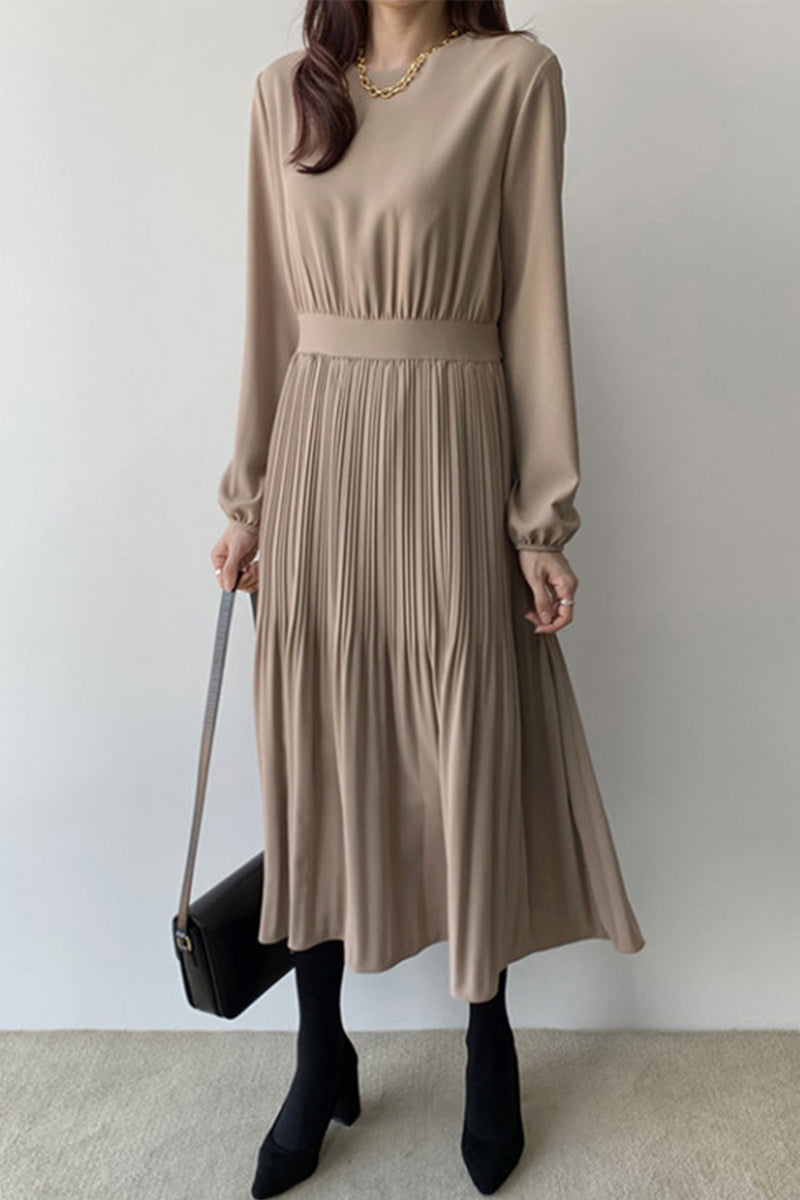 Elegant Solid Fold O Neck A Line Dresses - Fashionpara