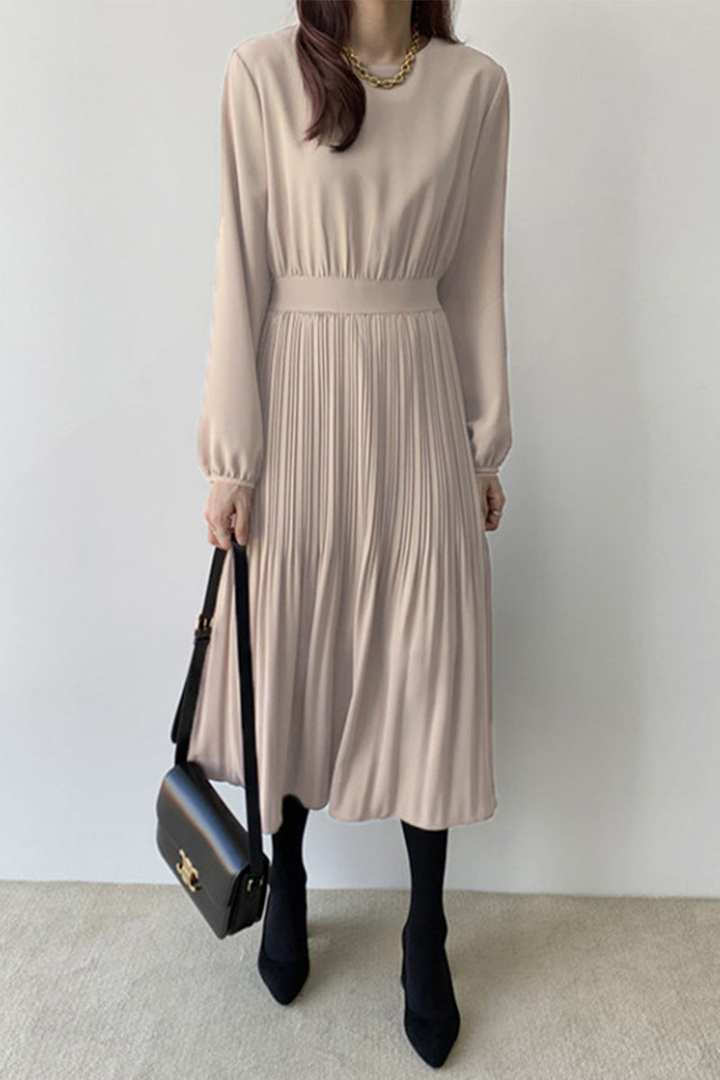 Elegant Solid Fold O Neck A Line Dresses - Fashionpara