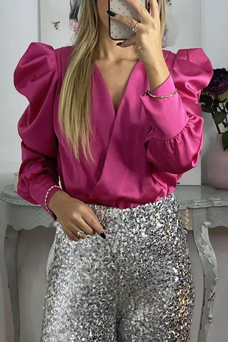 Celebrities Elegant Solid Fold V Neck Blouses(4 Colors)