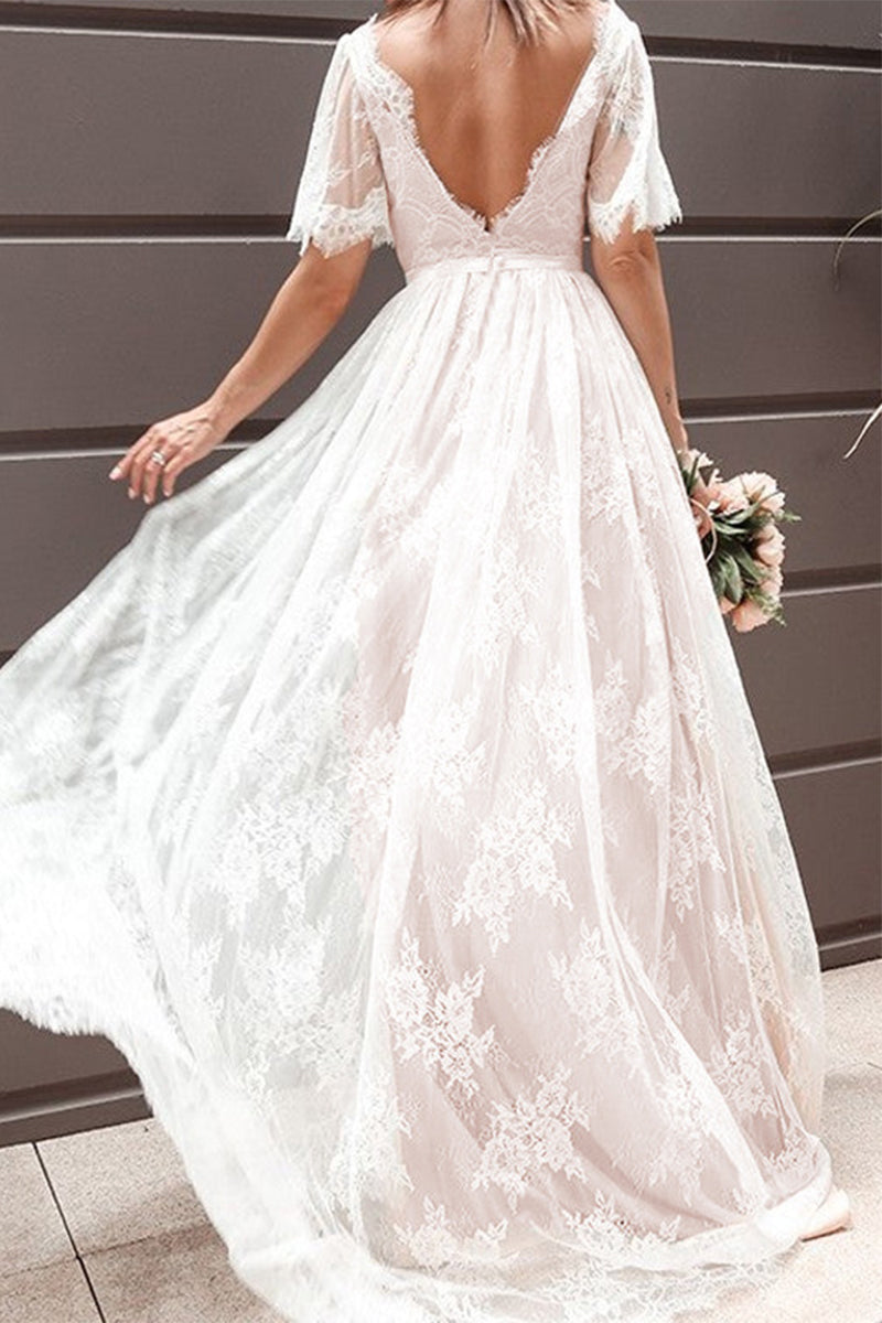 Sexy Formal Solid Lace V Neck Evening Dress Dresses - Fashionpara