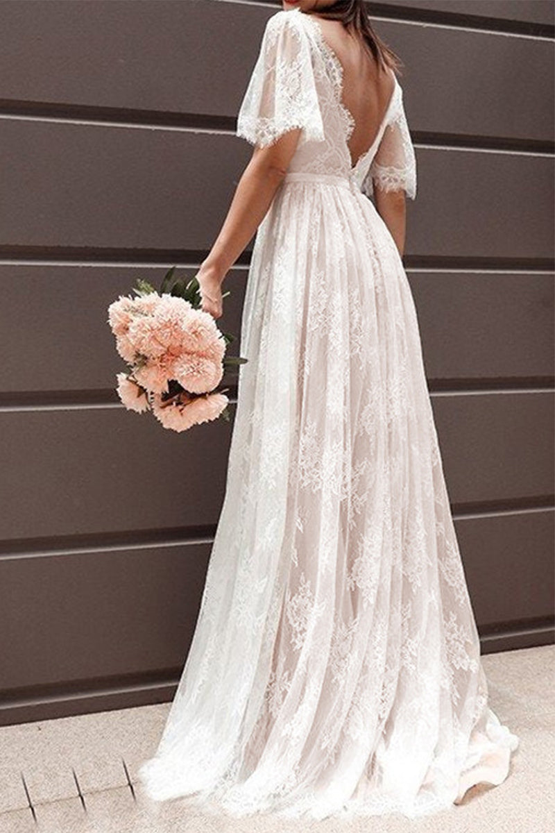 Sexy Formal Solid Lace V Neck Evening Dress Dresses - Fashionpara