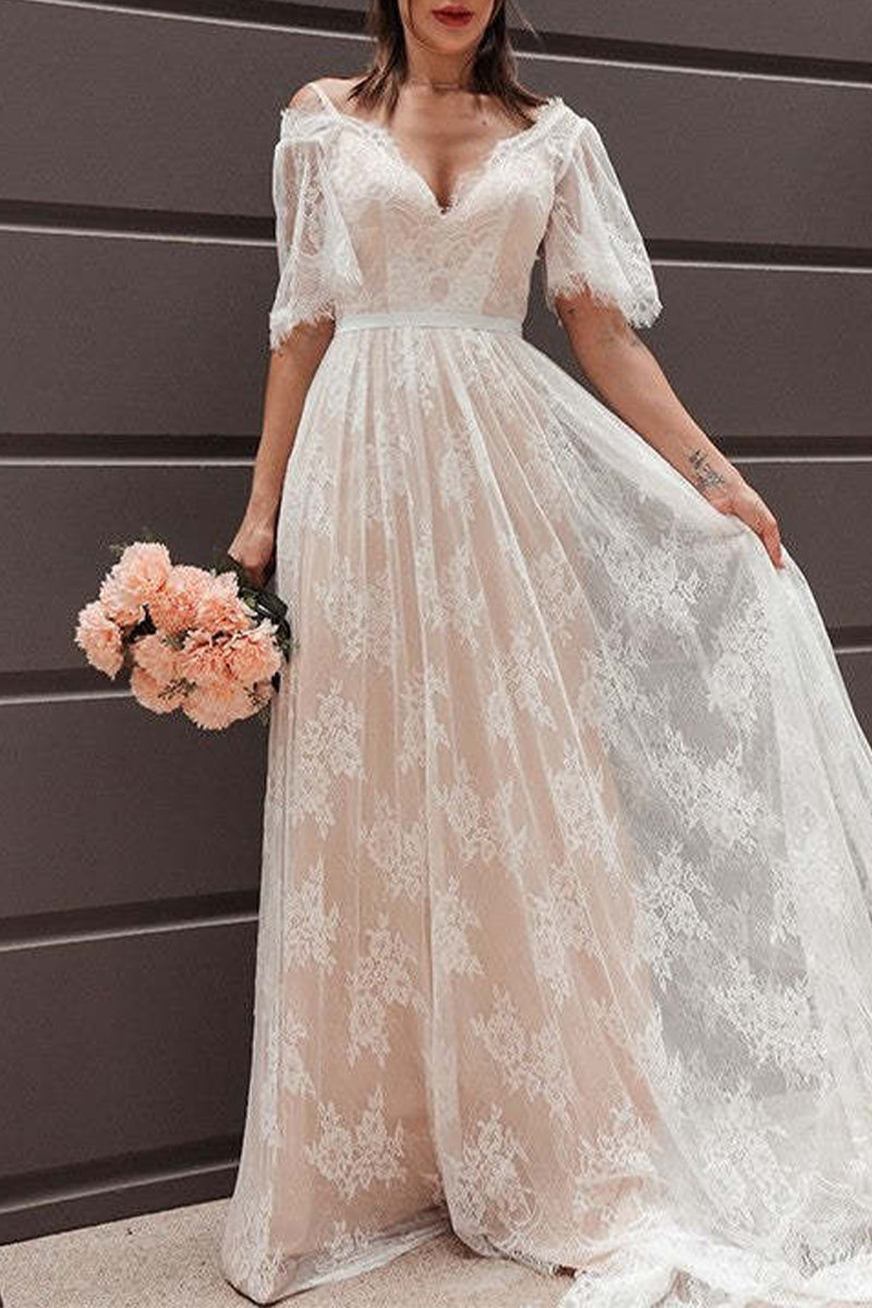 Sexy Formal Solid Lace V Neck Evening Dress Dresses - Fashionpara