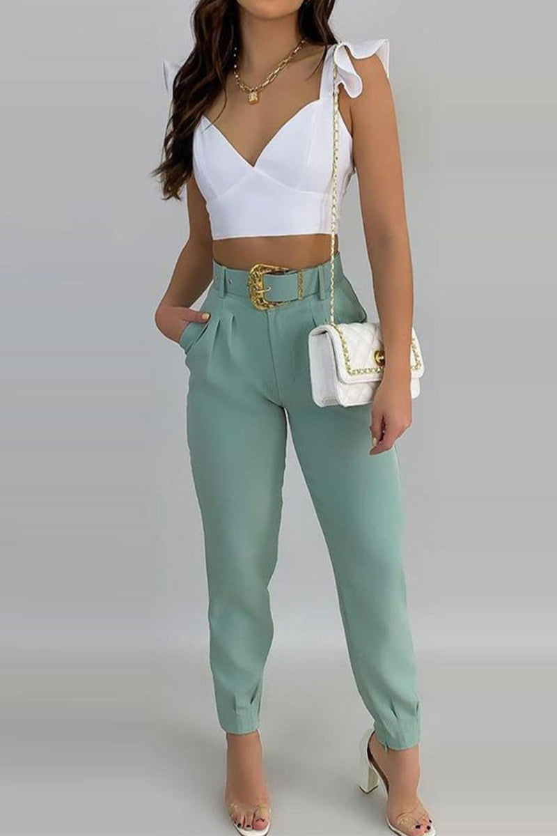 Casual Solid Pocket Flounce V Neck Two Pieces - Fashionpara
