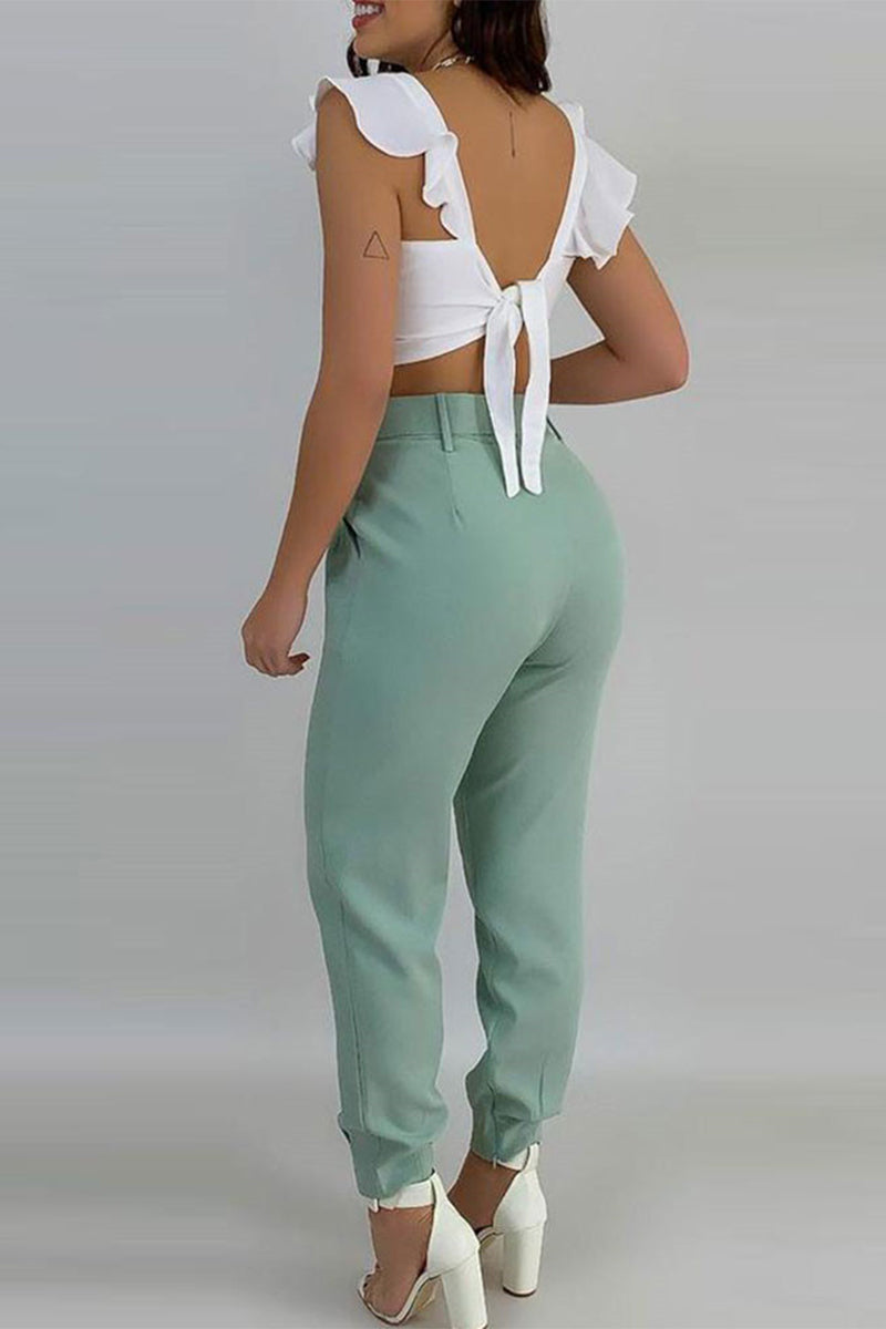 Casual Solid Pocket Flounce V Neck Two Pieces - Fashionpara