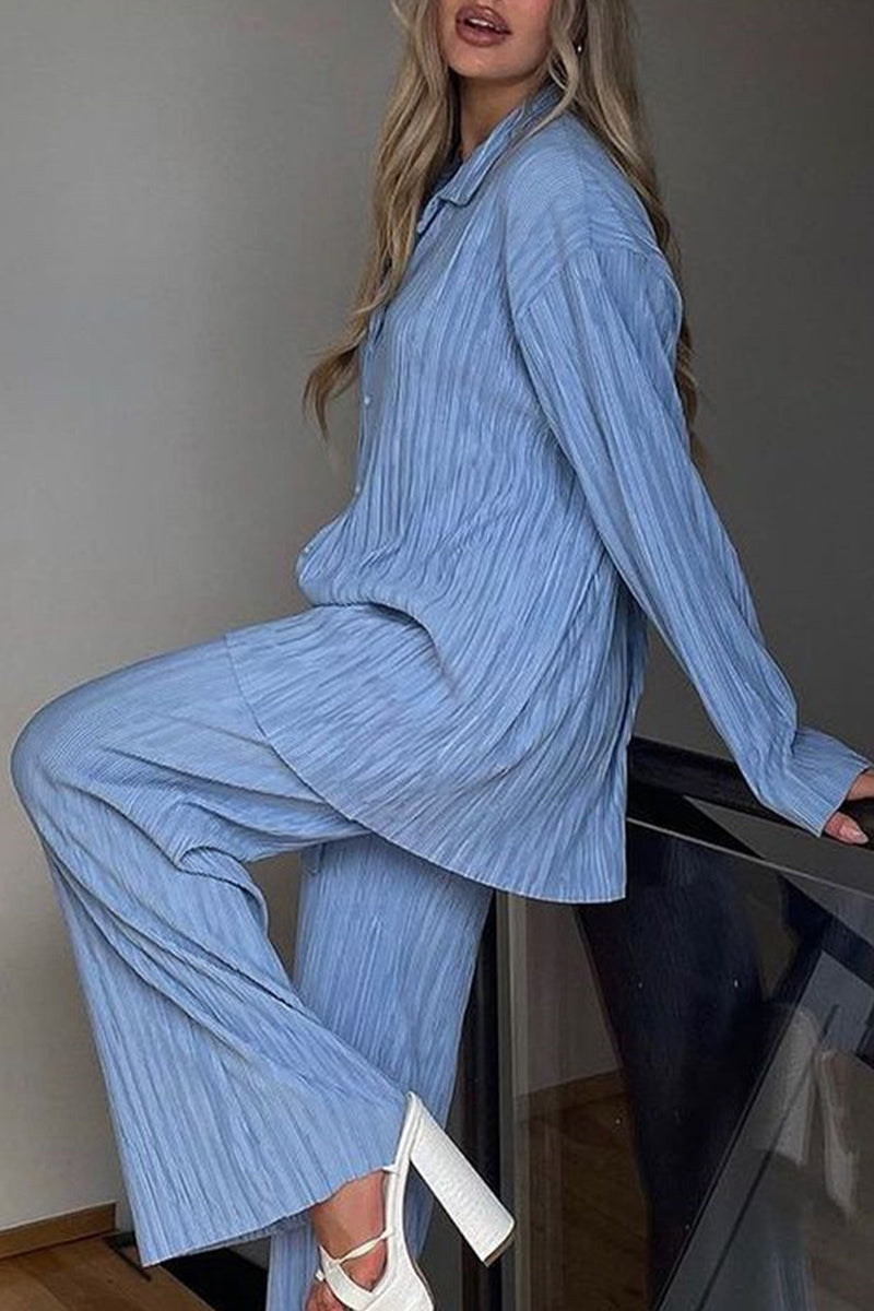 Casual Solid Buttons Fold Turndown Collar Long Sleeve Two Pieces - Fashionpara