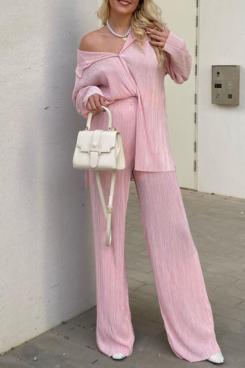 Casual Solid Buttons Fold Turndown Collar Long Sleeve Two Pieces - Fashionpara