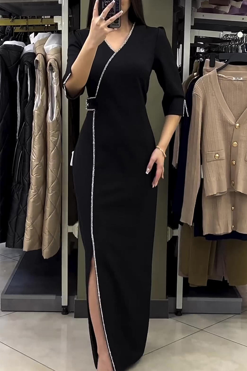 Elegant Solid Hot Drill V Neck Irregular Dress Dresses - Fashionpara