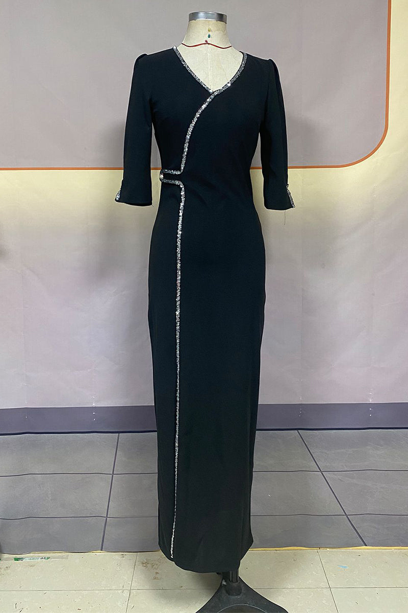 Elegant Solid Hot Drill V Neck Irregular Dress Dresses - Fashionpara