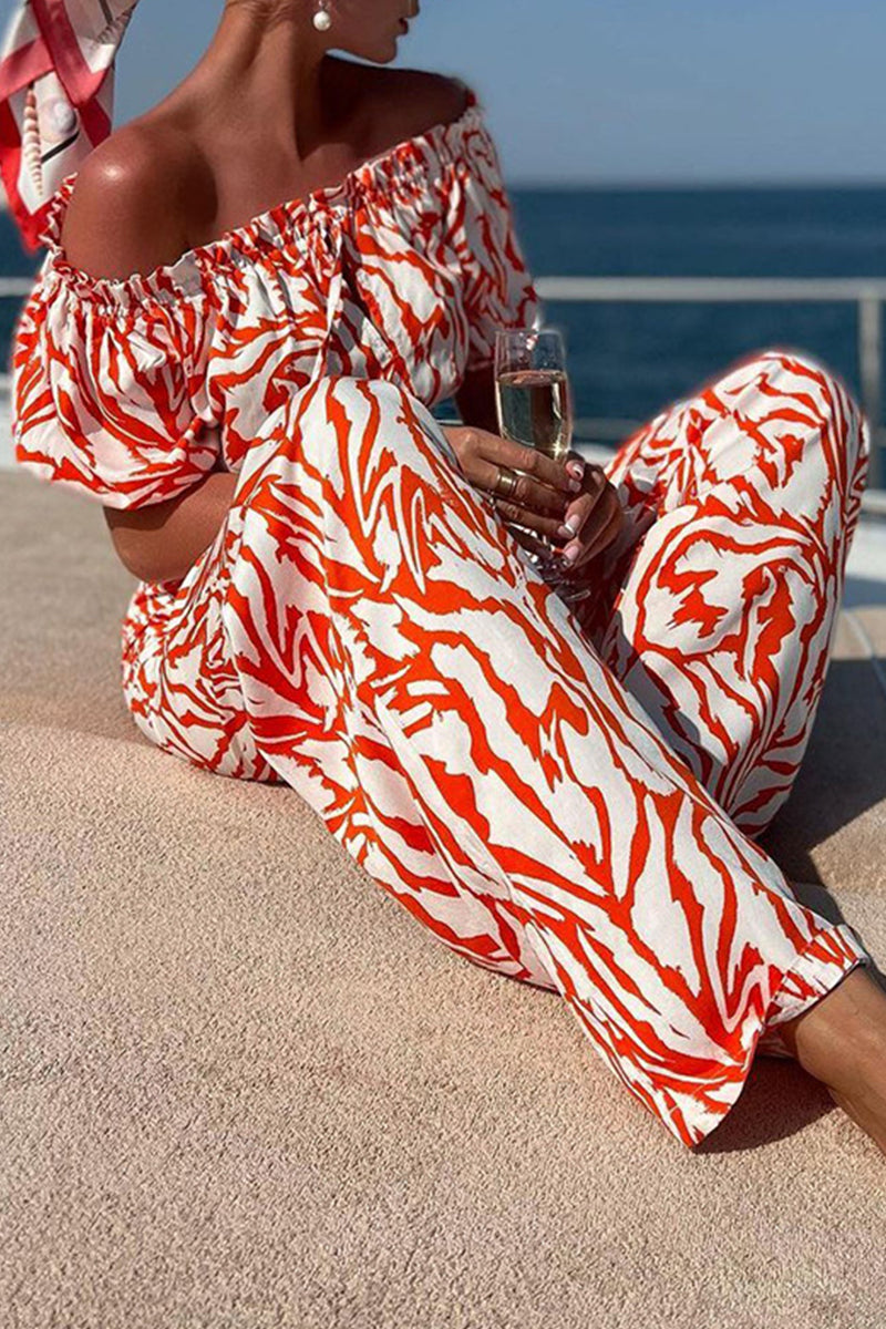 Elegant Geometric Print Off the Shoulder Short Sleeve Two Pieces - Fashionpara