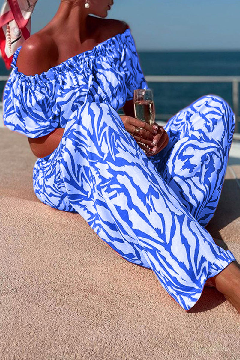 Elegant Geometric Print Off the Shoulder Short Sleeve Two Pieces - Fashionpara