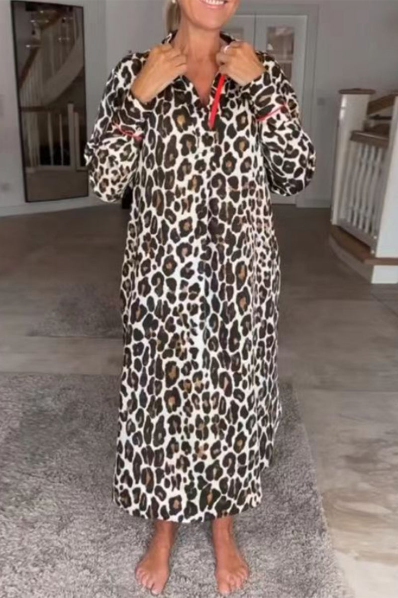 Casual Vintage Print Leopard Turndown Collar Printed Dress Dresses - Fashionpara