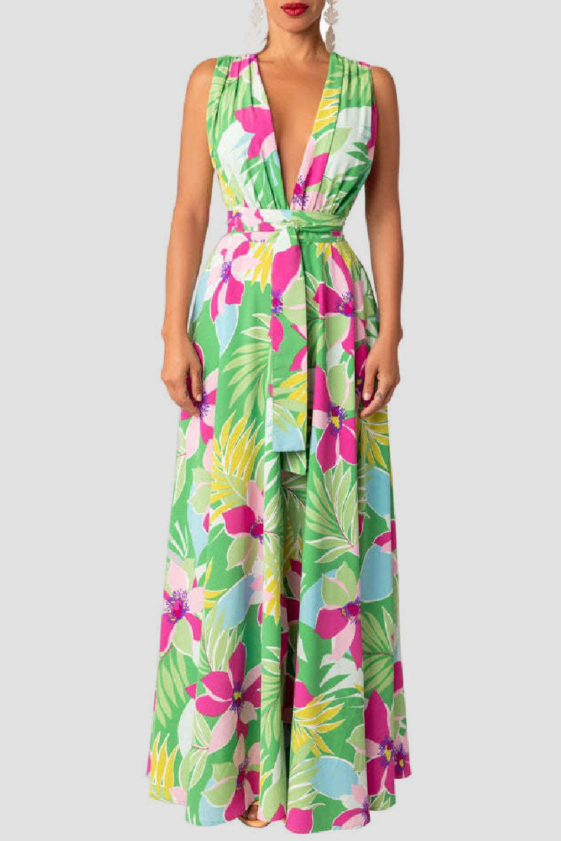 Casual Print Patchwork Slit V Neck Long Dress Dresses Fashionpara