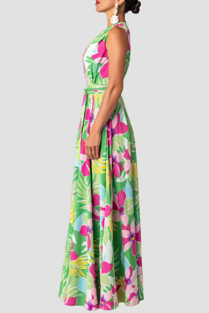 Casual Print Patchwork Slit V Neck Long Dress Dresses Fashionpara