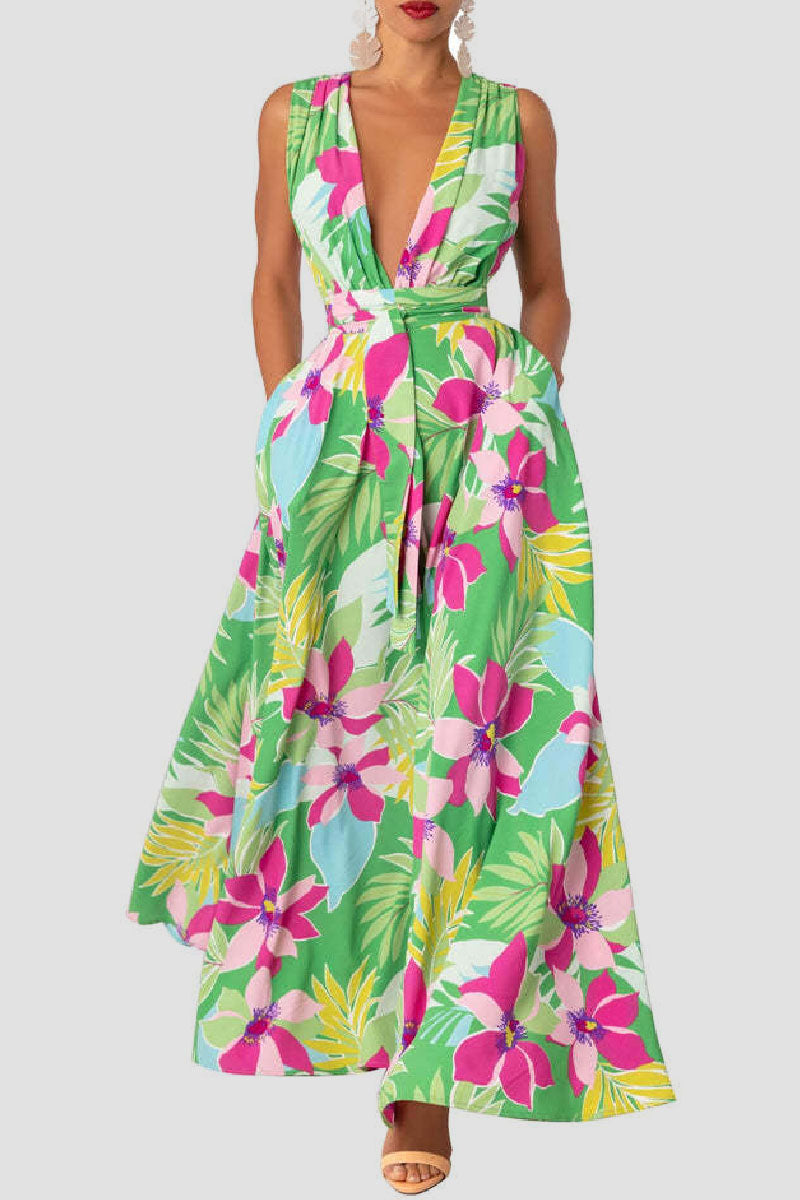 Casual Print Patchwork Slit V Neck Long Dress Dresses Fashionpara