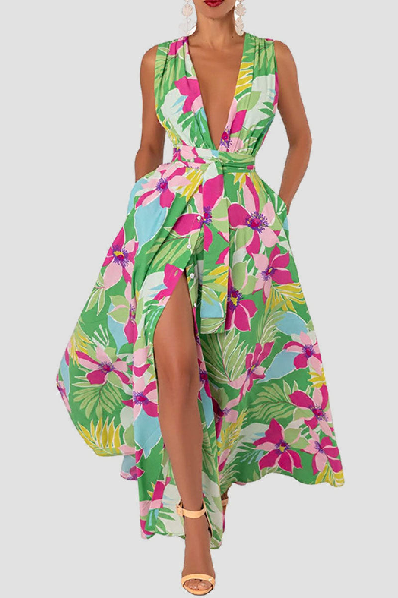 Casual Print Patchwork Slit V Neck Long Dress Dresses Fashionpara