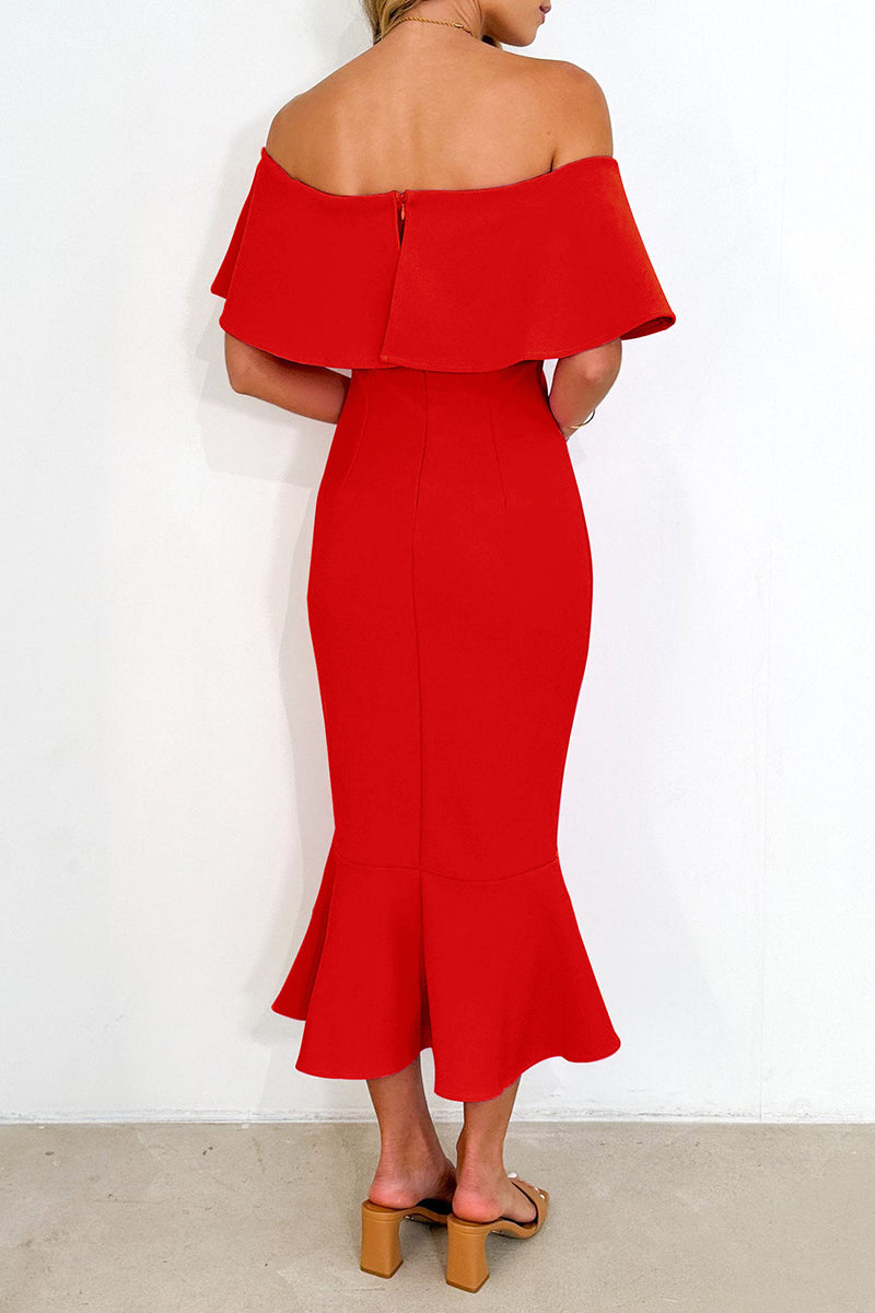 Sexy Celebrities Solid Flounce Off the Shoulder Trumpet Mermaid Dresses  Fashionpara