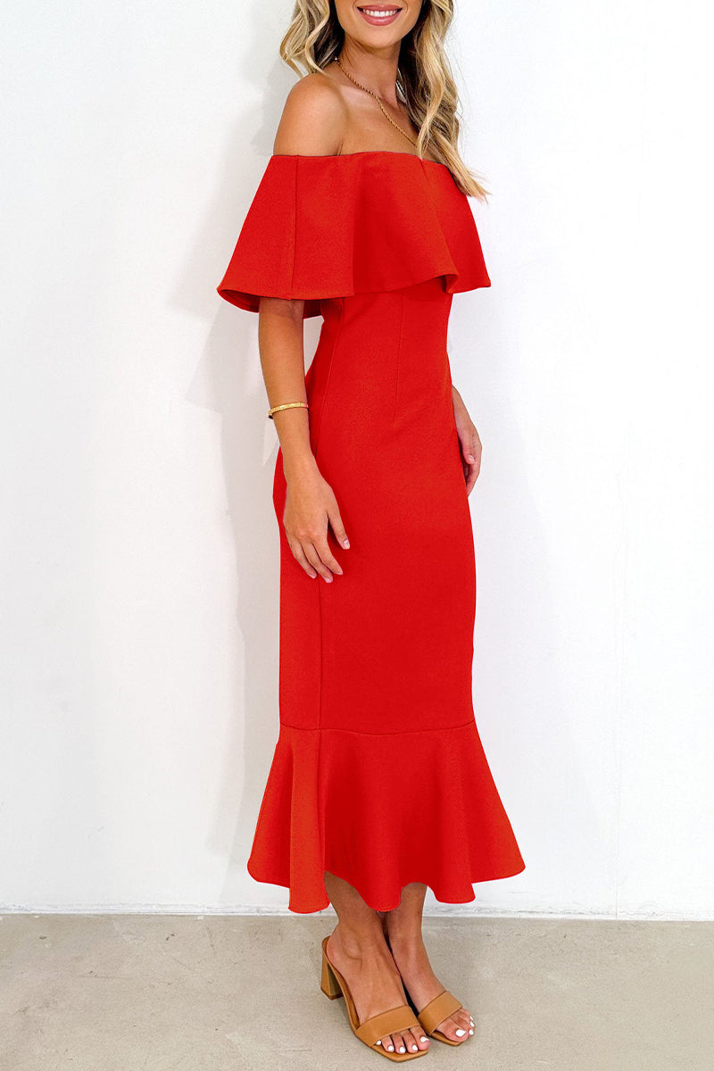 Sexy Celebrities Solid Flounce Off the Shoulder Trumpet Mermaid Dresses  Fashionpara