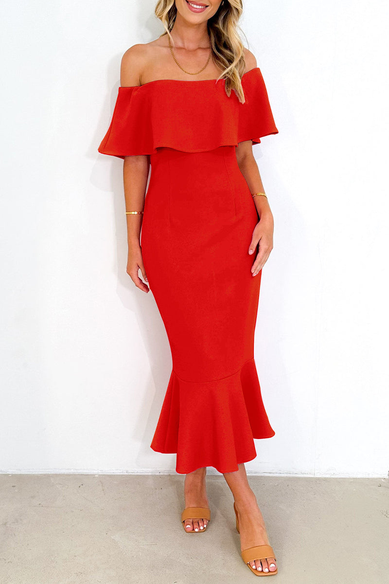 Sexy Celebrities Solid Flounce Off the Shoulder Trumpet Mermaid Dresses  Fashionpara