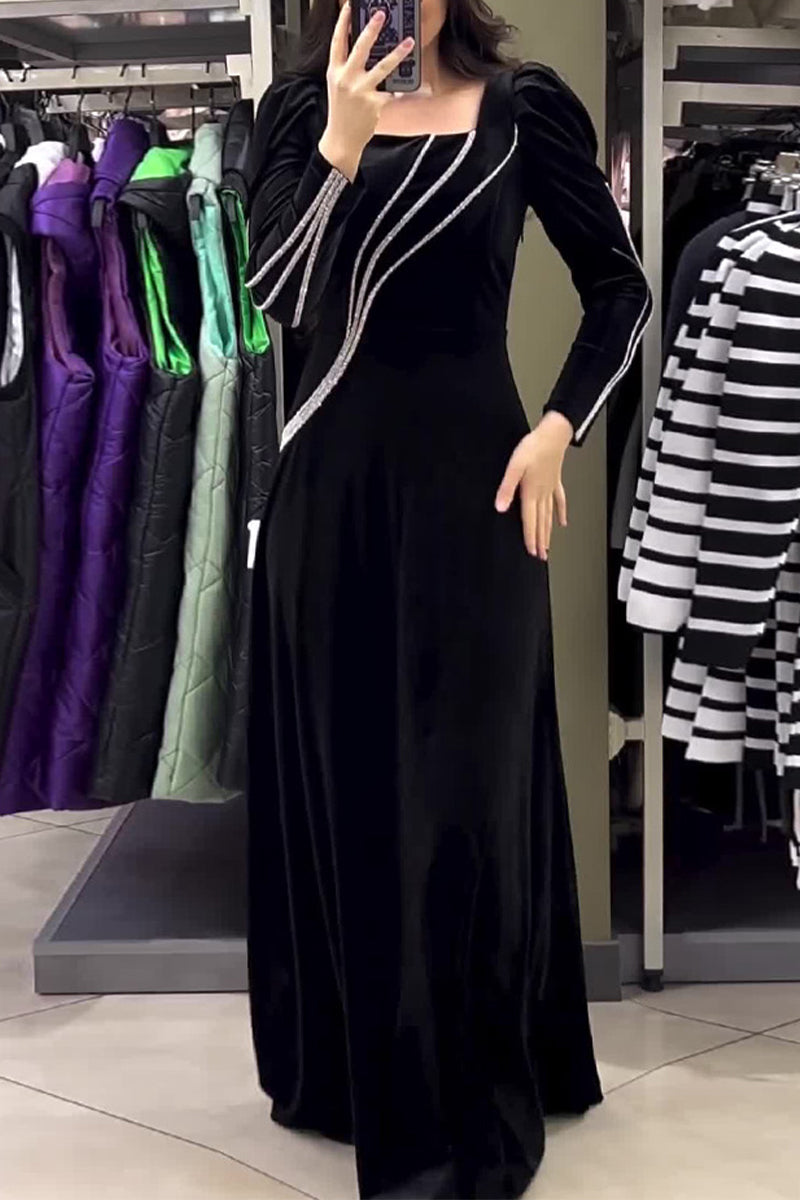 Elegant Solid Patchwork Hot Drill Square Collar Princess Dresses - Fashionpara