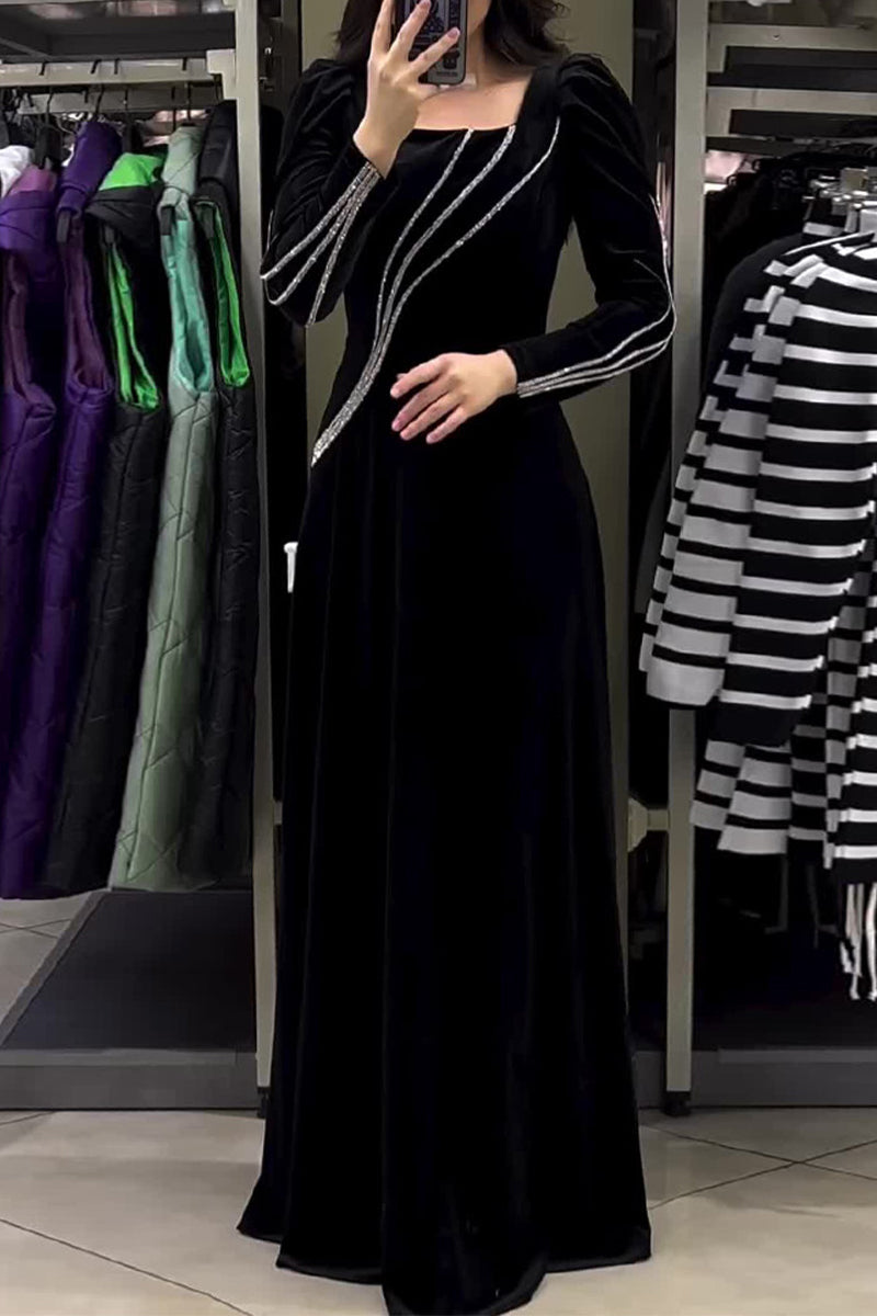 Elegant Solid Patchwork Hot Drill Square Collar Princess Dresses - Fashionpara