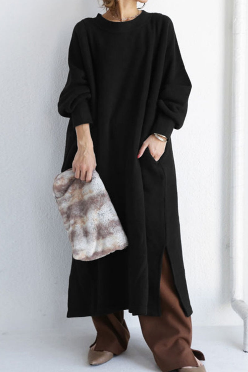 Casual Solid Slit O Neck Long Dress Dresses - Fashionpara