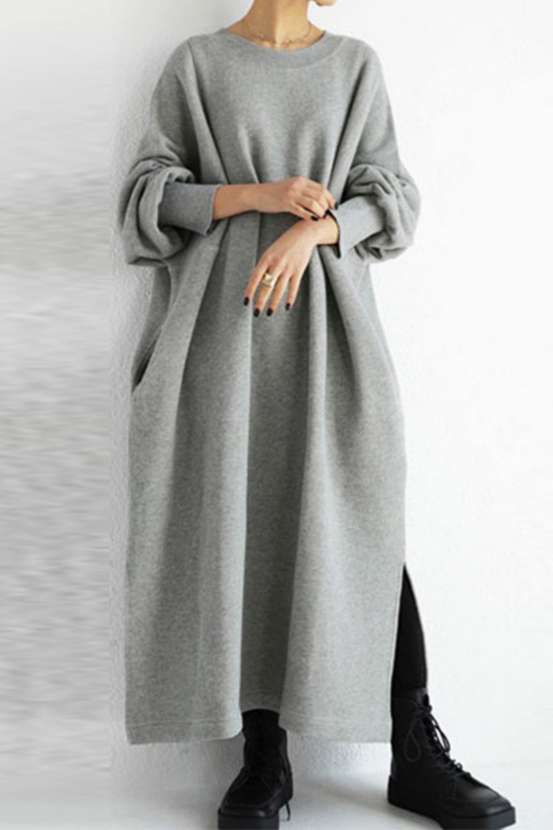 Casual Solid Slit O Neck Long Dress Dresses - Fashionpara