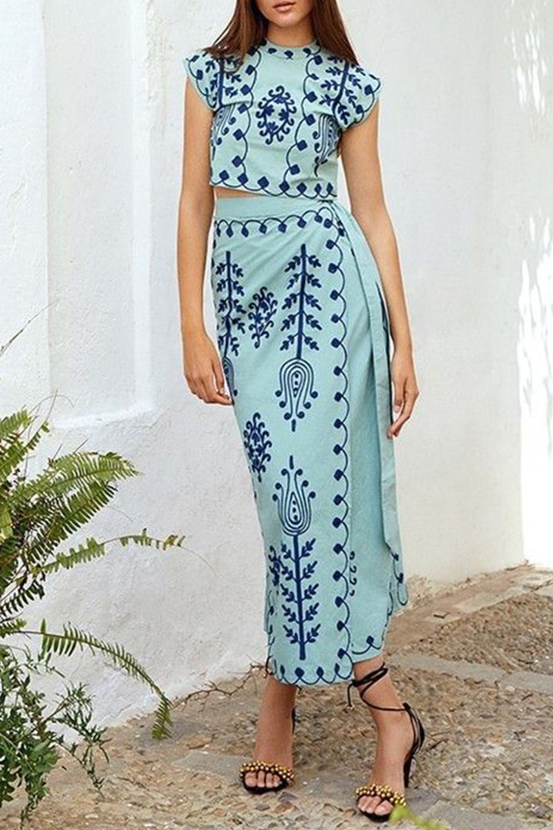 Casual Vacation Geometric Print Bandage Short Sleeve Two Pieces  Fashionpara