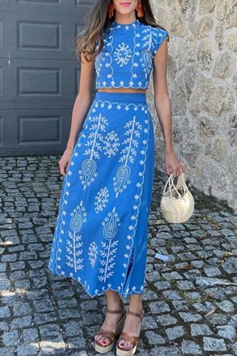 Casual Vacation Geometric Print Bandage Short Sleeve Two Pieces  Fashionpara