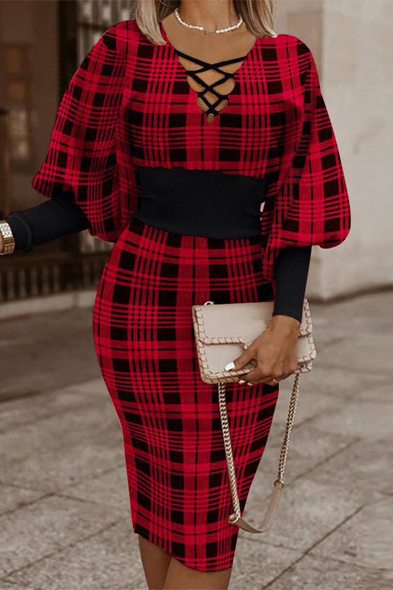 Vintage Elegant Geometric Print Contrast V Neck Wrapped Skirt Dresses - Fashionpara