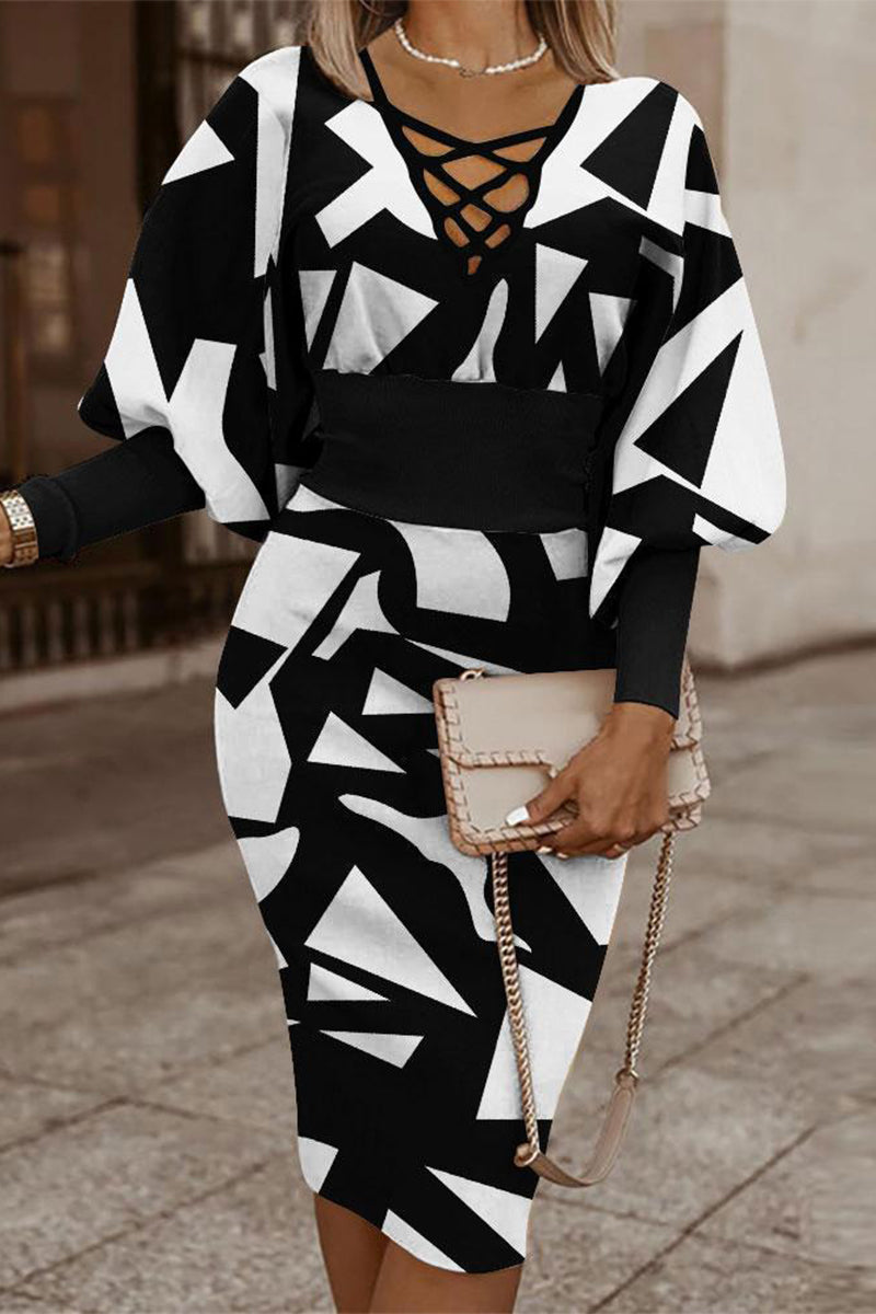 Vintage Elegant Geometric Print Contrast V Neck Wrapped Skirt Dresses - Fashionpara