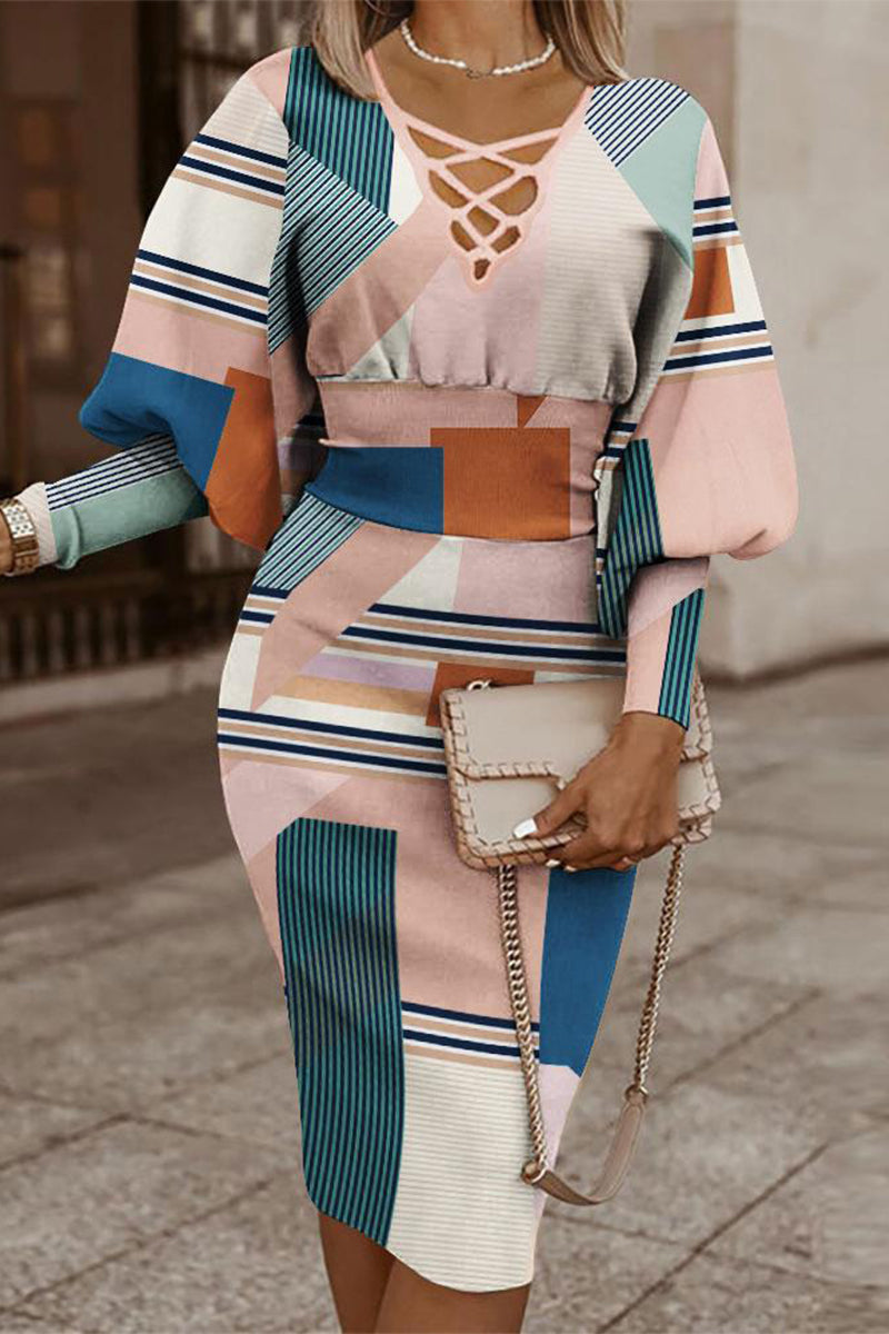 Vintage Elegant Geometric Print Contrast V Neck Wrapped Skirt Dresses - Fashionpara