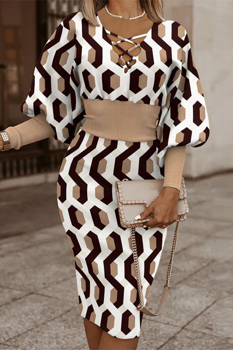 Vintage Elegant Geometric Print Contrast V Neck Wrapped Skirt Dresses - Fashionpara