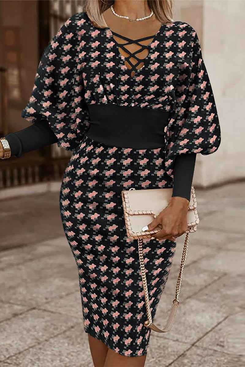 Vintage Elegant Geometric Print Contrast V Neck Wrapped Skirt Dresses - Fashionpara