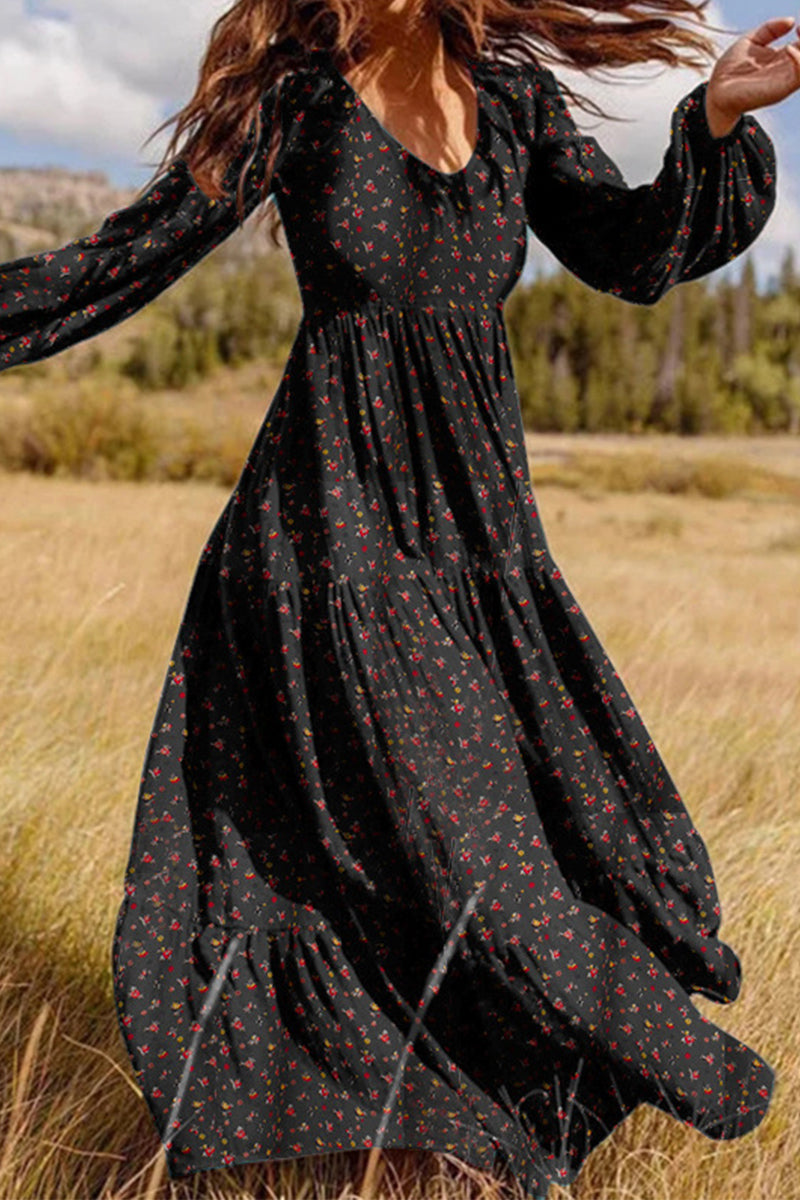 Elegant Floral Patchwork V Neck Printed Dress Dresses Fashionpara