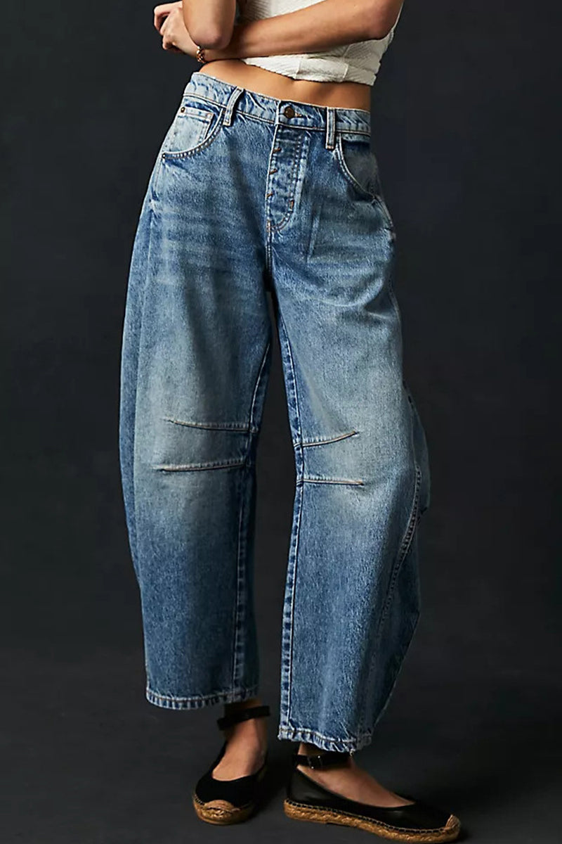 Casual Vintage Solid Pocket Without Belt Mid Waist Loose Denim Jeans(No Belt)
